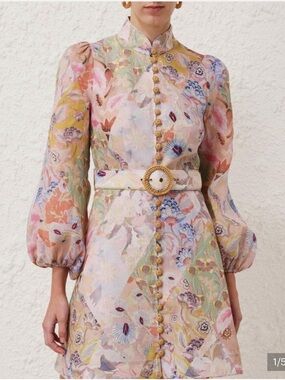 NWOT Zimmermann Belted Floral Print Linen Mini Dress Pastel Sz 3